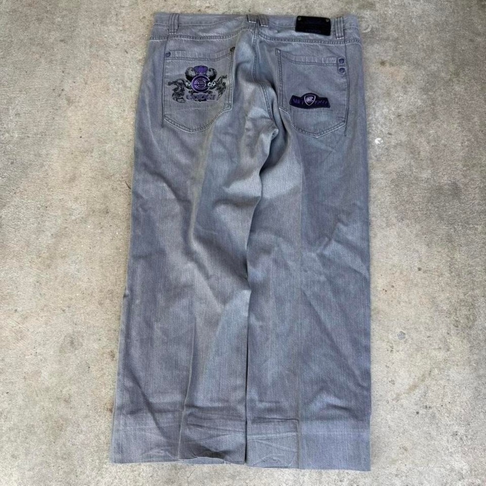 Y2K Coogi Gray Denim Jeans Purple embroidered Baggy Skater Streetwear 44x35